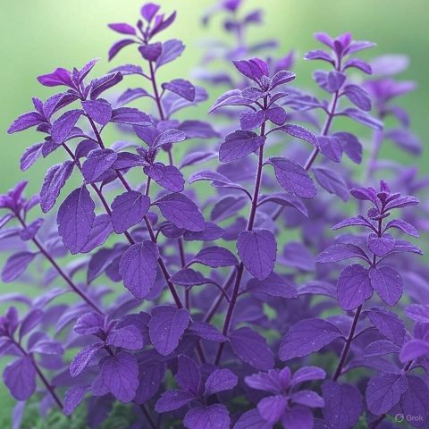 A vibrant 1080x1080 image of Purple Tulsi (Ocimum sanctum) with violet leaves and flowers, set against a green background, showcasing its sacred Hindu symbolism for plant-based wellness. (119 characters)