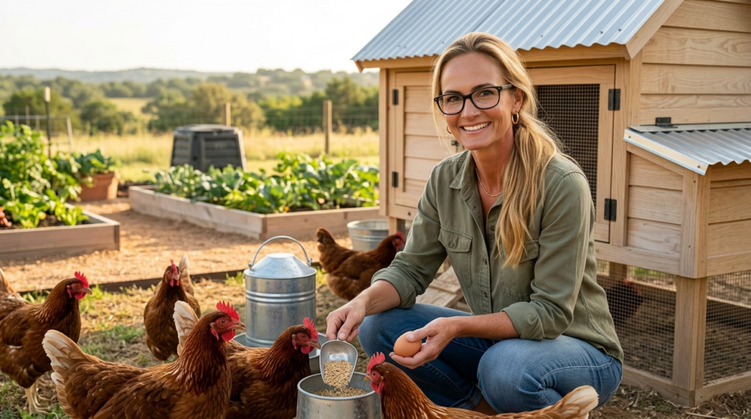 Jennifer in a Botanic Living editorial scene for What My Chickens Are Teaching Me Lately.