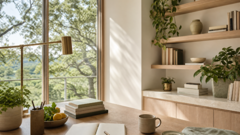 Clean modern organic home office with books, notebook, plants, trees, and natural light