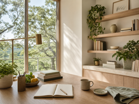 Clean modern organic home office with books, notebook, plants, trees, and natural light
