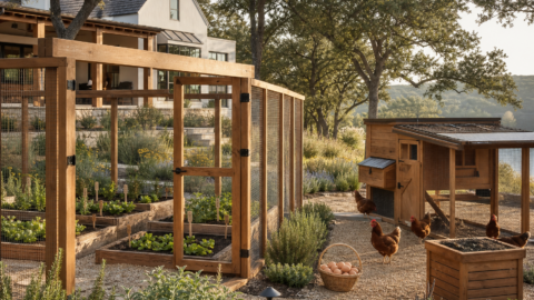 Clean modern lakehouse yard with wood garden enclosure, Rhode Island Red hens, chicken coop, compost bin, and Texas wildflowers