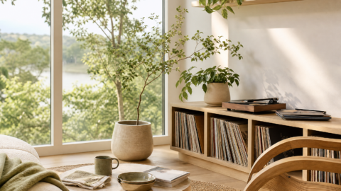 Clean modern organic living room with plants, record collection, natural postmodern furniture, and morning light