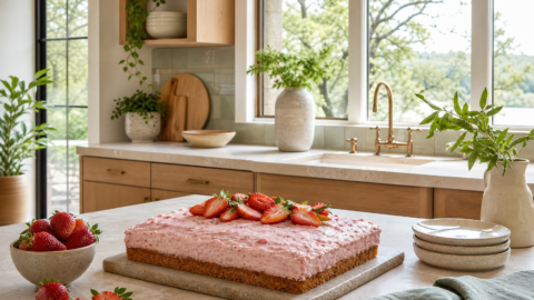 Fresh strawberry sheet cake on a clean modern organic Botanic House kitchen island with natural light