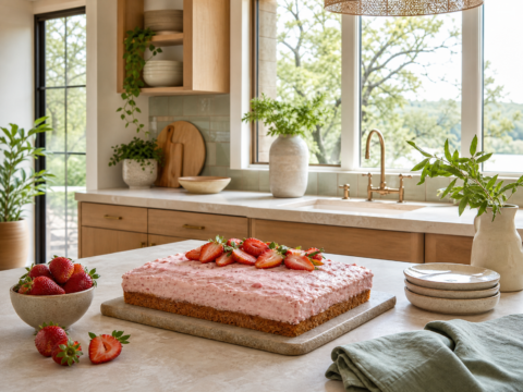 Fresh strawberry sheet cake on a clean modern organic Botanic House kitchen island with natural light