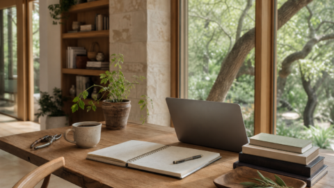 Calm founder work table with notebook, coffee, laptop, garden tools, books, plants, and natural light.