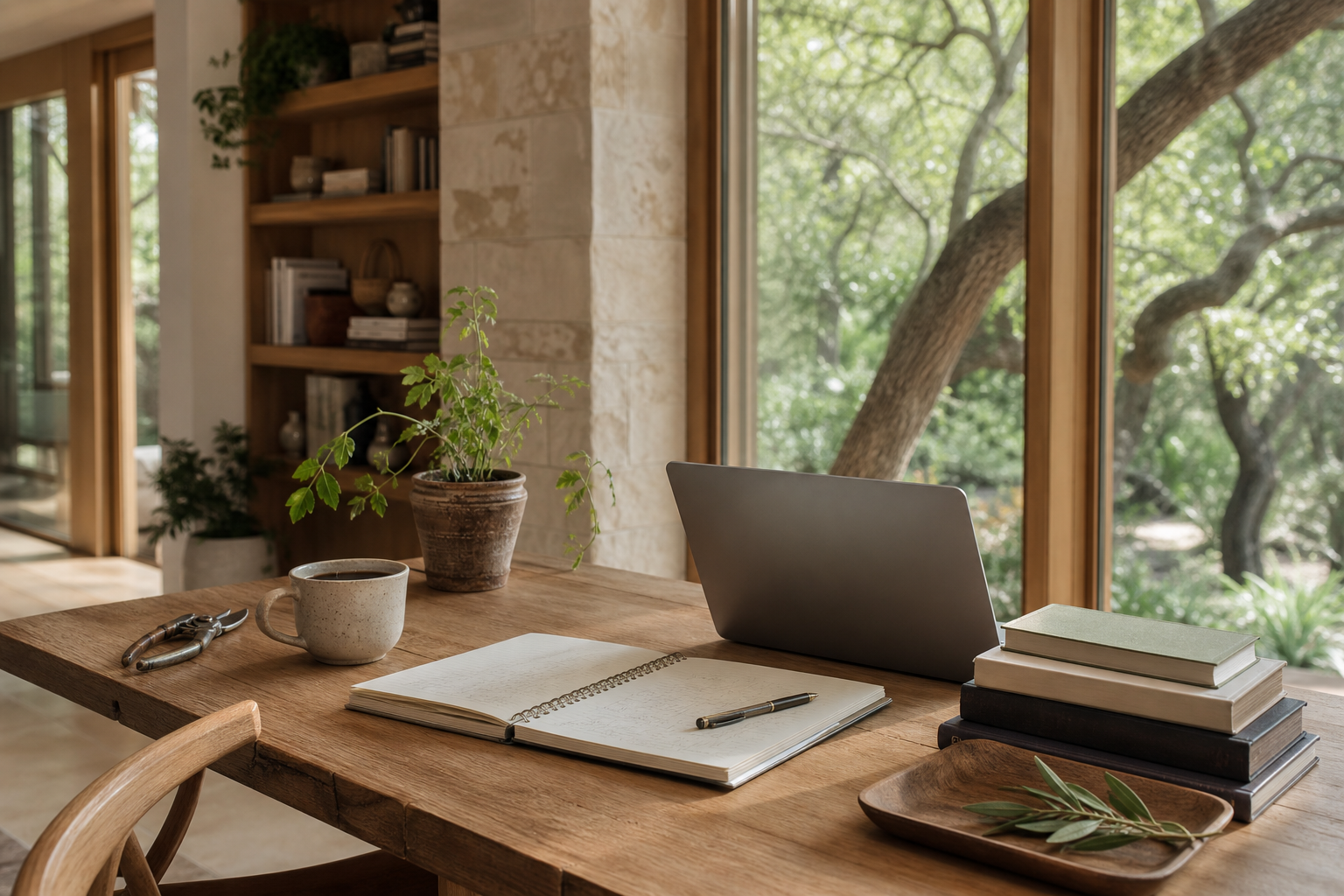 Calm founder work table with notebook, coffee, laptop, garden tools, books, plants, and natural light.