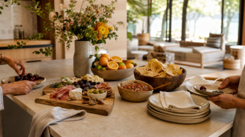 Relaxed kitchen island with charcuterie, fruit, chips and salsa, flowers, linen napkins, and warm natural light.