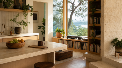 Clean modern organic living space with records, books, plants, natural wood, limestone, and large windows.