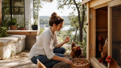 Clean wooden chicken coop with Rhode Island Red hens and a simple basket of brown eggs.