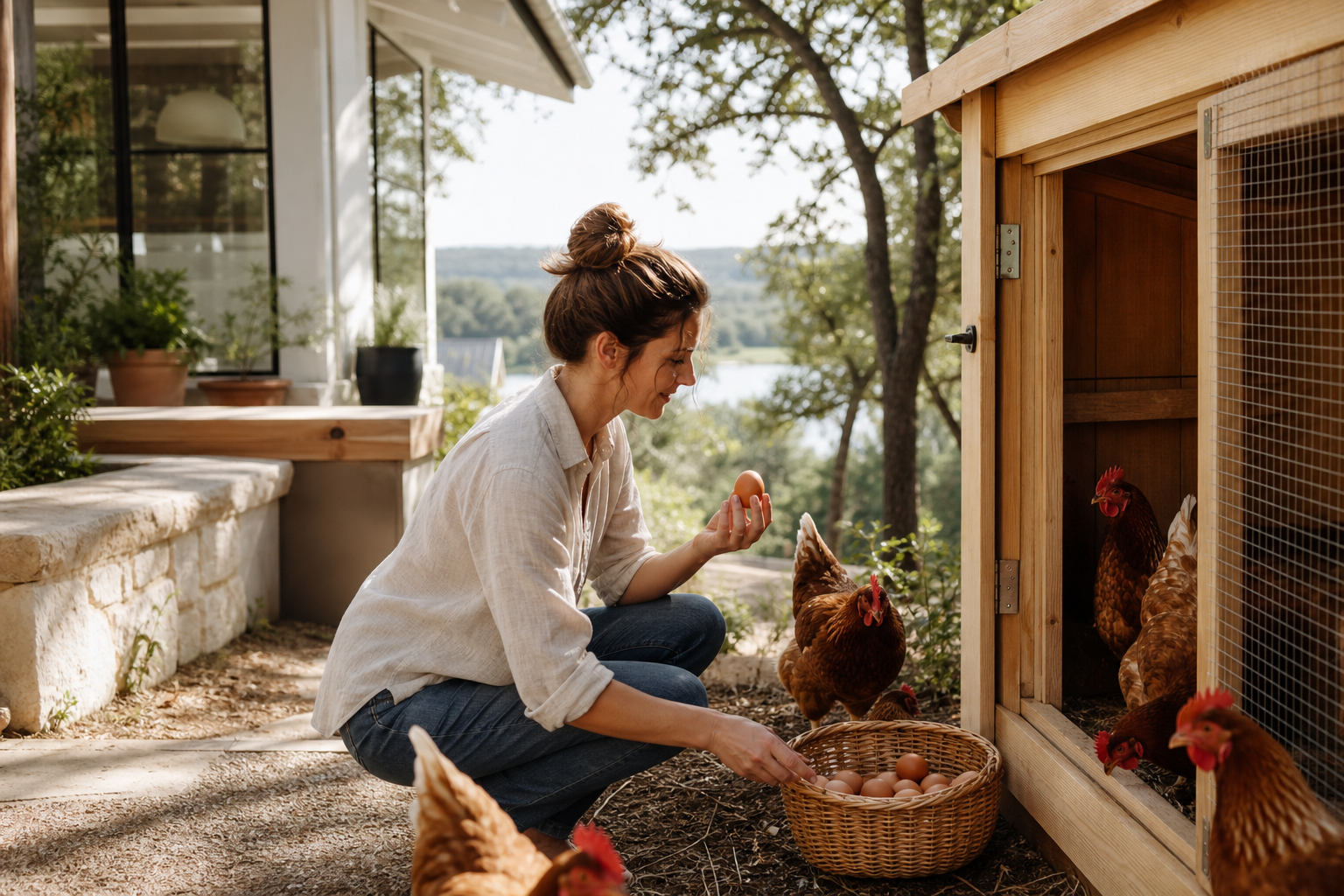 Clean wooden chicken coop with Rhode Island Red hens and a simple basket of brown eggs.