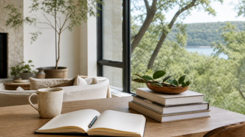Notebook, books, coffee, and garden view arranged in warm morning light.
