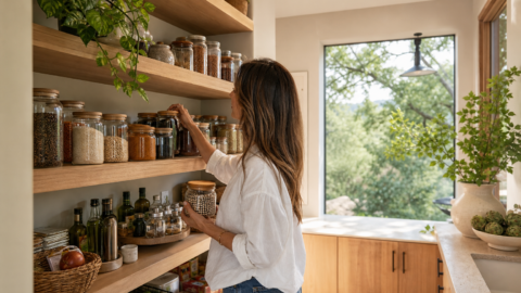 Clean organized pantry shelves with jars, baskets, olive oil, spices, beans, rice, and simple labels turned away.
