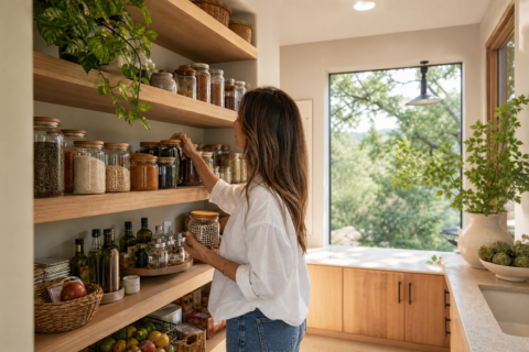 Clean organized pantry shelves with jars, baskets, olive oil, spices, beans, rice, and simple labels turned away.