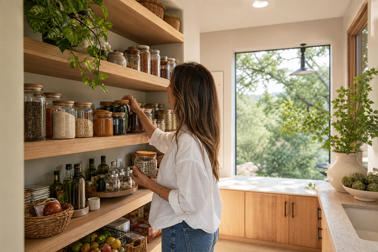Clean organized pantry shelves with jars, baskets, olive oil, spices, beans, rice, and simple labels turned away.