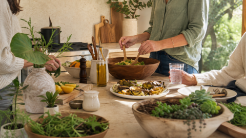 Relaxed kitchen island with simple food being prepared, partial hands, flowers, and warm natural light.