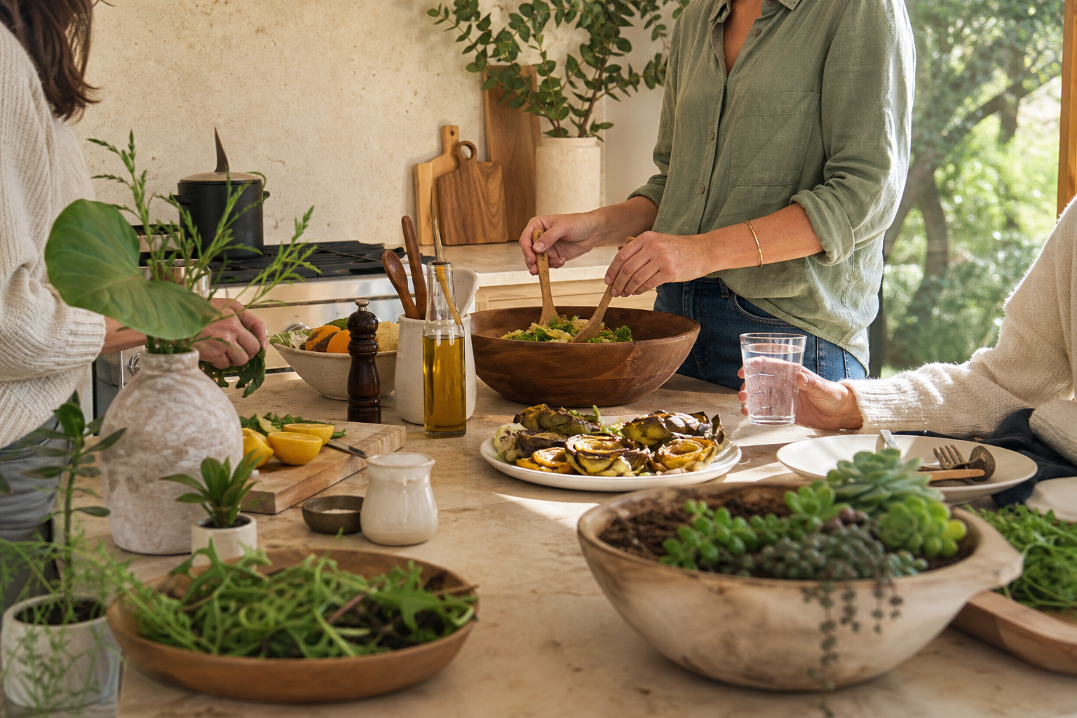 Relaxed kitchen island with simple food being prepared, partial hands, flowers, and warm natural light.