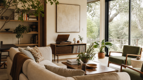 Modern organic living room with records, books, plants, conversation seating, and large windows with no visible TV.