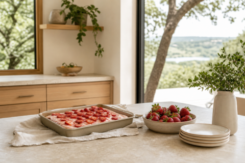 Fresh strawberry sheet cake in a rectangular pan with strawberries, ceramic plates, linen, and natural kitchen light.