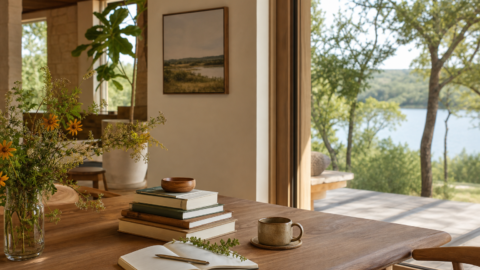 Quiet reading table with books turned away, notebook, wildflowers, coffee, plants, and garden light.