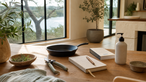Garden pruners, cast iron skillet, notebook, book, and simple cleanser bottle arranged on a clean natural surface.