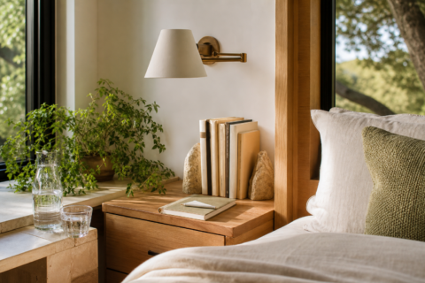 Modern organic nightstand with books turned away, small lamp, plant, water glass, and notebook.