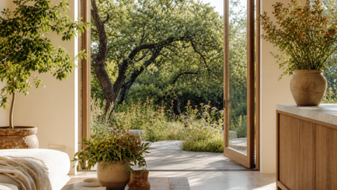 Open doors from a clean modern home toward garden greenery, flowers, and soft morning light.