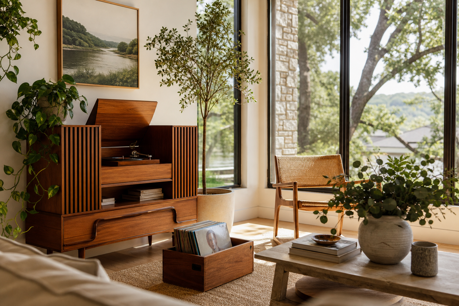 Mid century record console with records, books, plants, and large windows in a clean modern living room.
