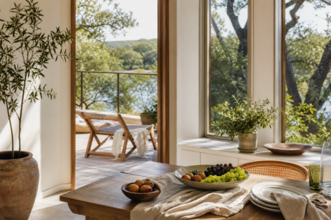 Simple summer outdoor table with fresh fruit, towels, sunshine, and a relaxed family-at-home feeling.