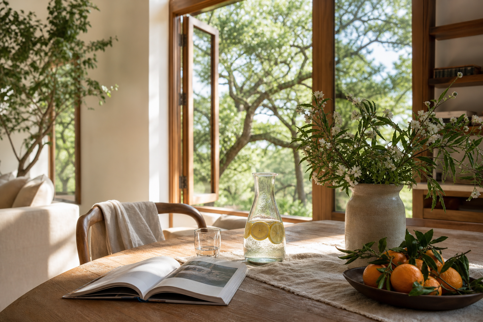 Bright summer home scene with open windows, garden flowers, citrus water, book, and plants.
