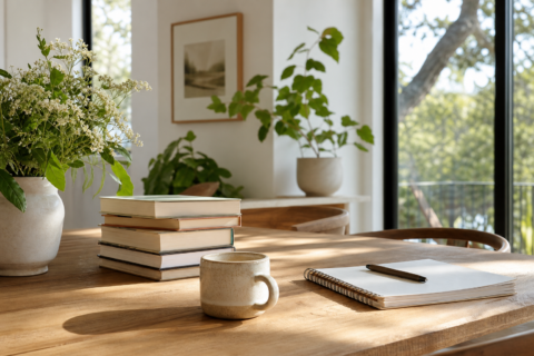 Curated books turned away with notebook, coffee, wildflowers, plants, and soft window light.