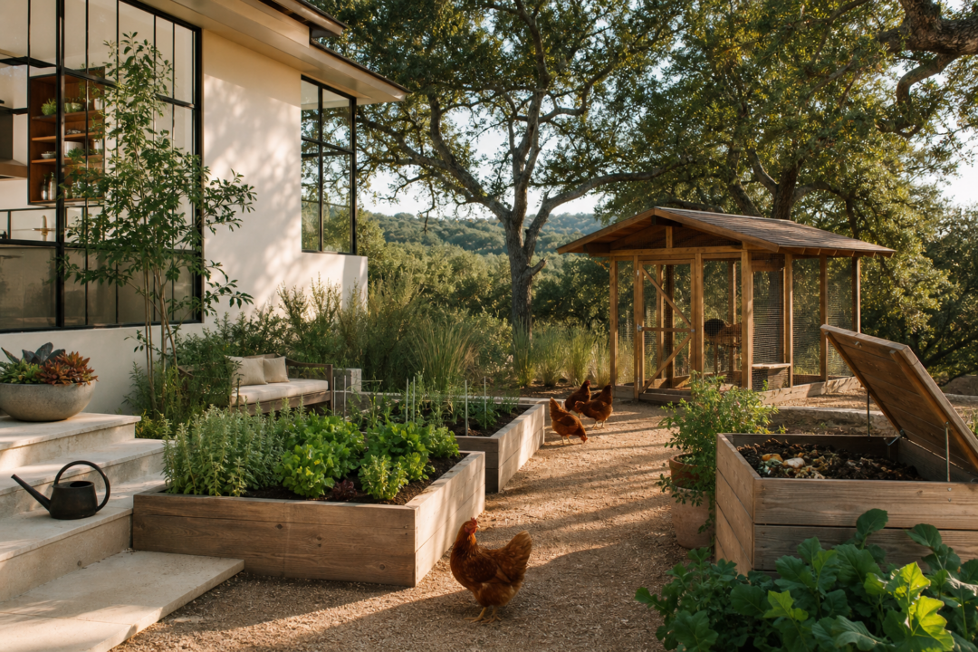 Clean outdoor system with wooden chicken coop, raised garden beds, compost bin, and Rhode Island Red hens.