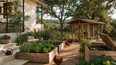 Clean outdoor system with wooden chicken coop, raised garden beds, compost bin, and Rhode Island Red hens.