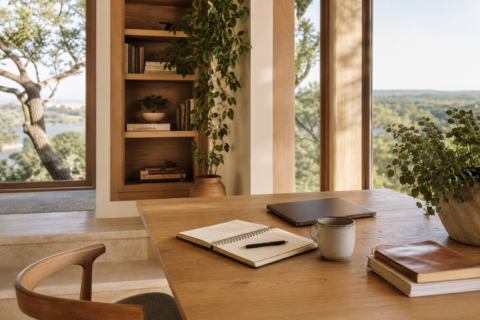 Quiet workspace with notebook, coffee, plants, books, closed laptop, and garden view.