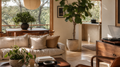 Solid wood furniture with an oversized plant, folded linen, cast iron, and record player detail in natural light.