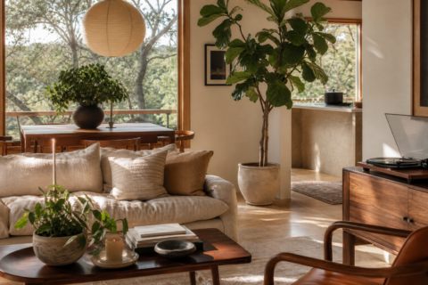 Solid wood furniture with an oversized plant, folded linen, cast iron, and record player detail in natural light.