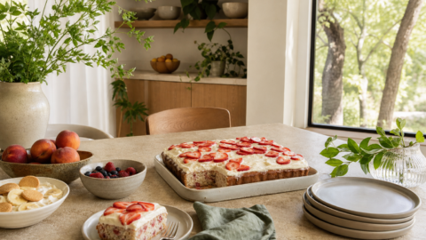 Summer dessert table with strawberry sheet cake, peaches, berries, ceramic plates, and warm kitchen light.