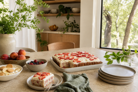 Summer dessert table with strawberry sheet cake, peaches, berries, ceramic plates, and warm kitchen light.