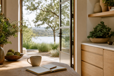 Quiet threshold from clean home to garden with notebook, coffee, open door, and hopeful morning light.