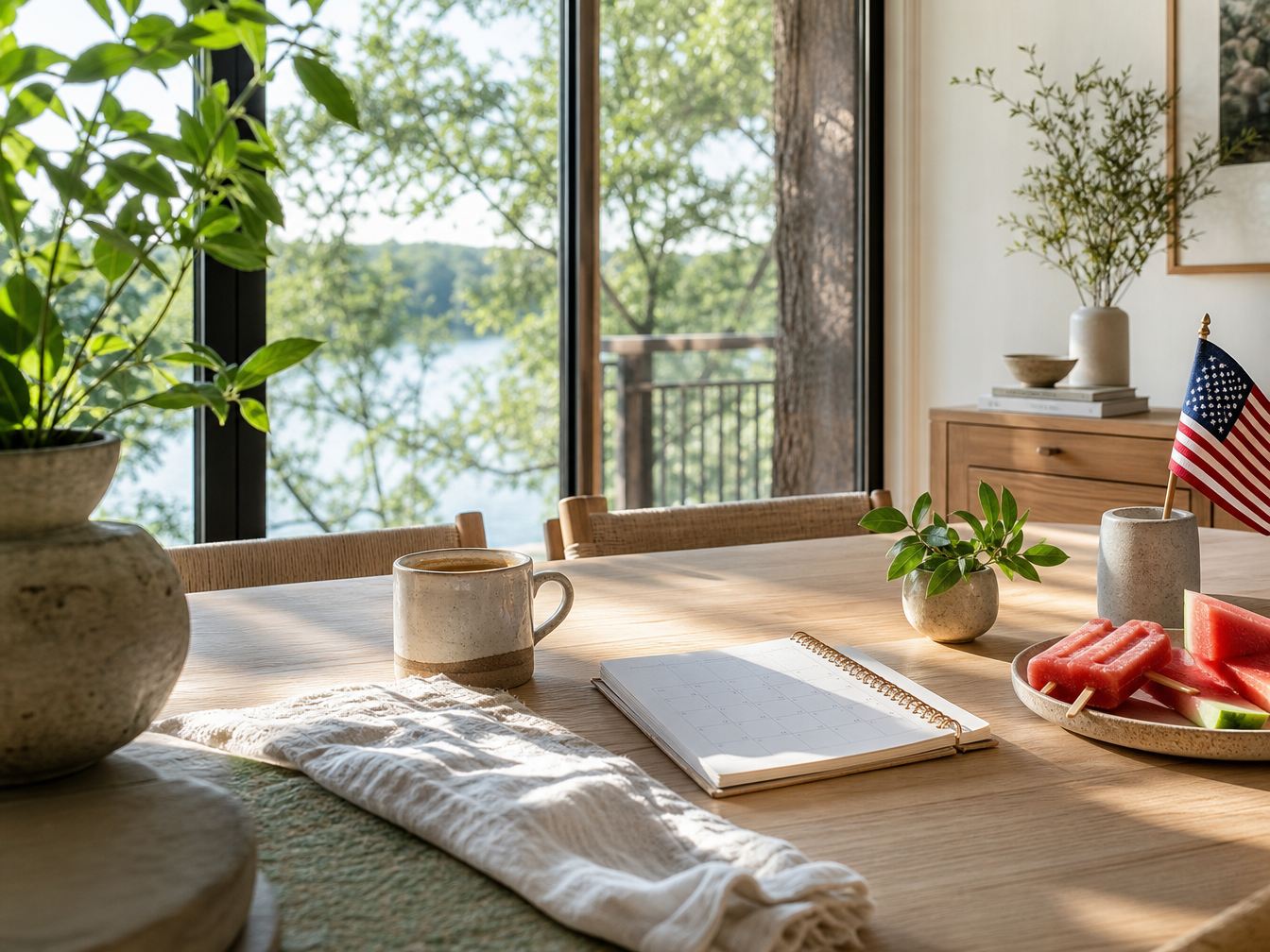 Botanic House morning table with coffee, notebook, July calendar, watermelon or popsicles nearby, a small red-white-blue detail, plants, and oak-tree light.