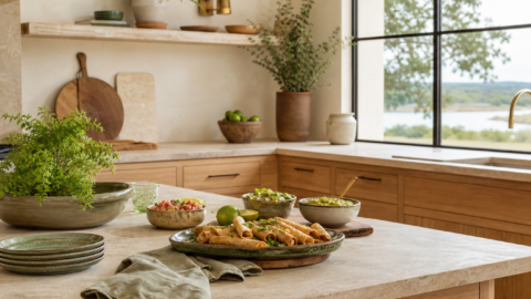 Clean kitchen island with taquitos or summer appetizer setup, lime, salsa, avocado dip, pottery bowls, linen, and natural light.