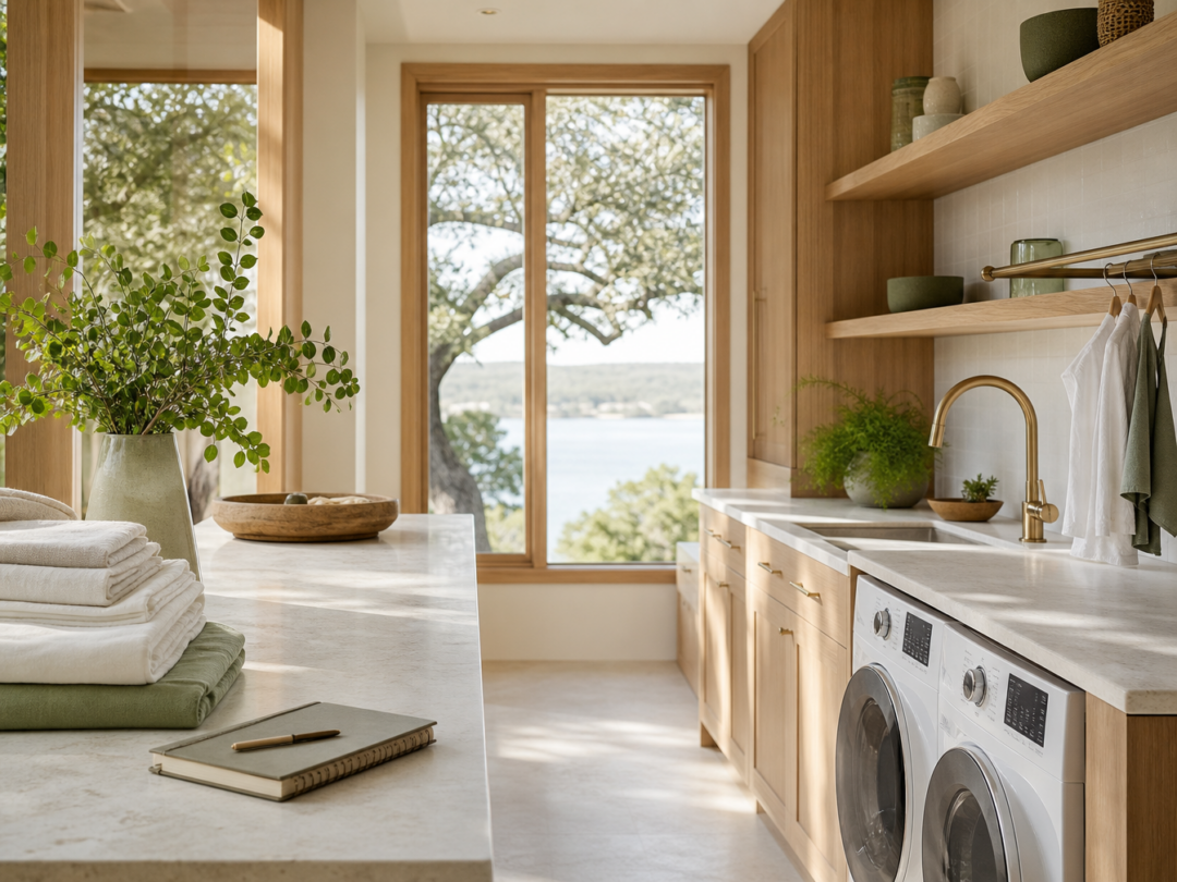 Bright laundry and kitchen reset with folded linens, clean counter, plant, notebook, and morning light.