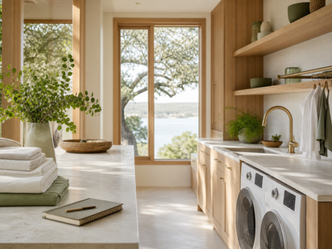 Bright laundry and kitchen reset with folded linens, clean counter, plant, notebook, and morning light.