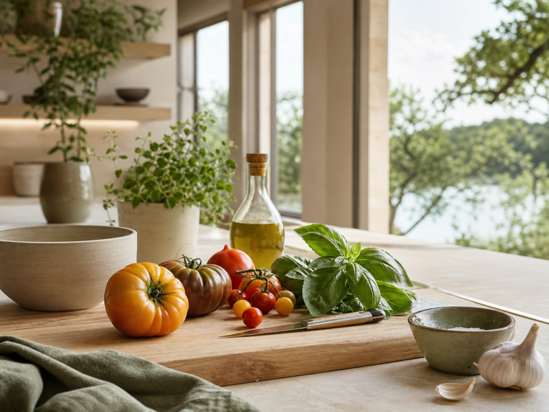 Tomatoes and basil on a wooden cutting board with pottery bowl, olive oil, clean modern kitchen light, and garden feeling.