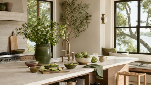 Kitchen island with simple food prep, pottery bowls, flowers, music or records hinted nearby, bright windows, and no people.