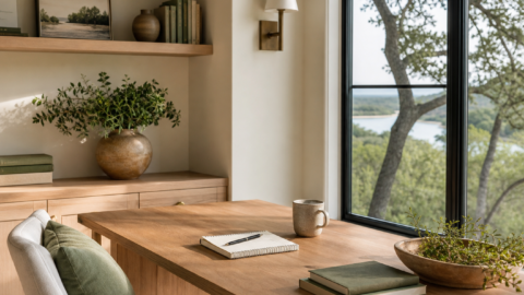 Calm home office with notebook, books, soft light, clean work surface, and trees outside.