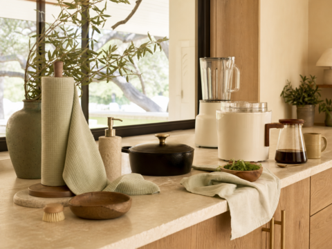 Clean kitchen counter with reusable towels on holder, cast iron, blender hint, ice cream maker hint, coffee pot, and unlabeled cleanser bottle.