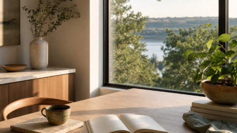 Open book with no readable text, pencil, coffee, clean table, plant, and morning light.