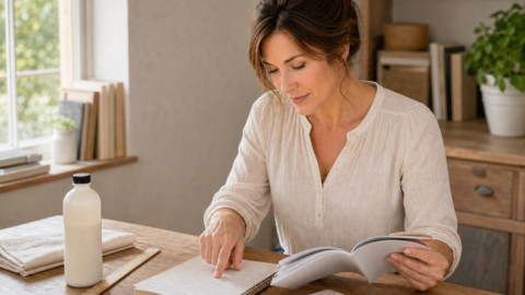 Hazel Hawthorne reviews a product label and material-care notes at a bright, organized worktable.