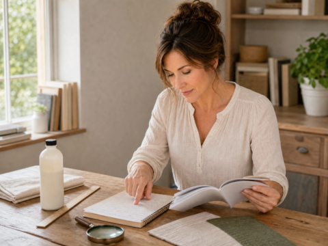 Hazel Hawthorne reviews a product label and material-care notes at a bright, organized worktable.