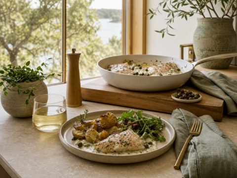 Fish dinner in a clean skillet setting with creamy sauce, smashed baby potatoes, pottery plate, linen, and natural kitchen light.